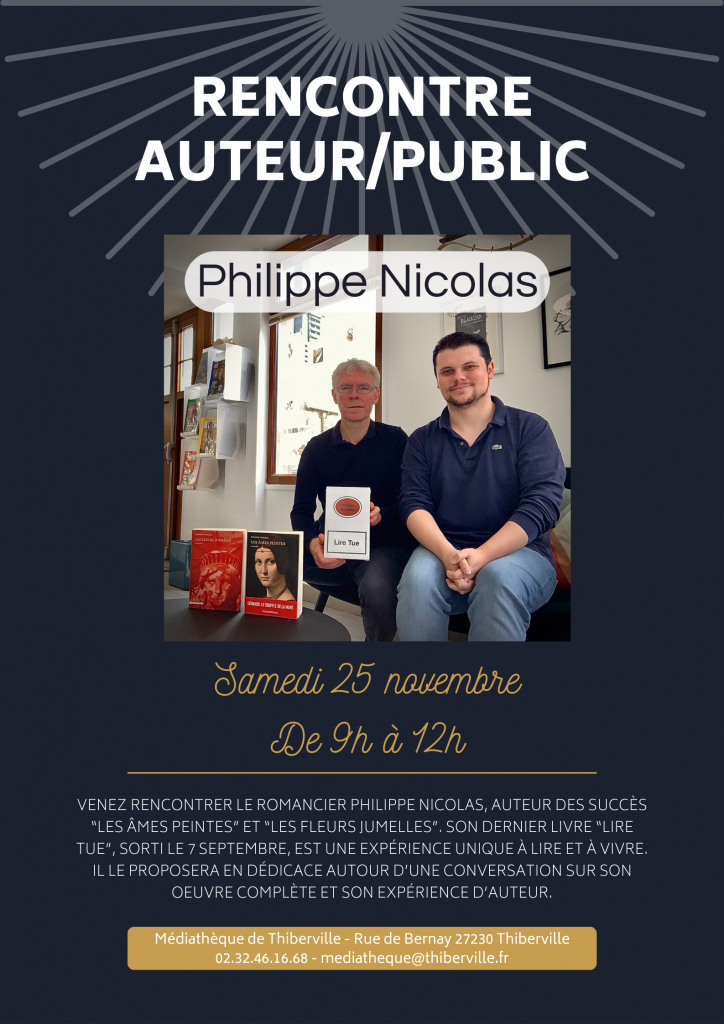 Philippe Nicolas reçu par Jean Elie pour Lire Tue à la médiathèque de Thiberville - affiche de la rencontre