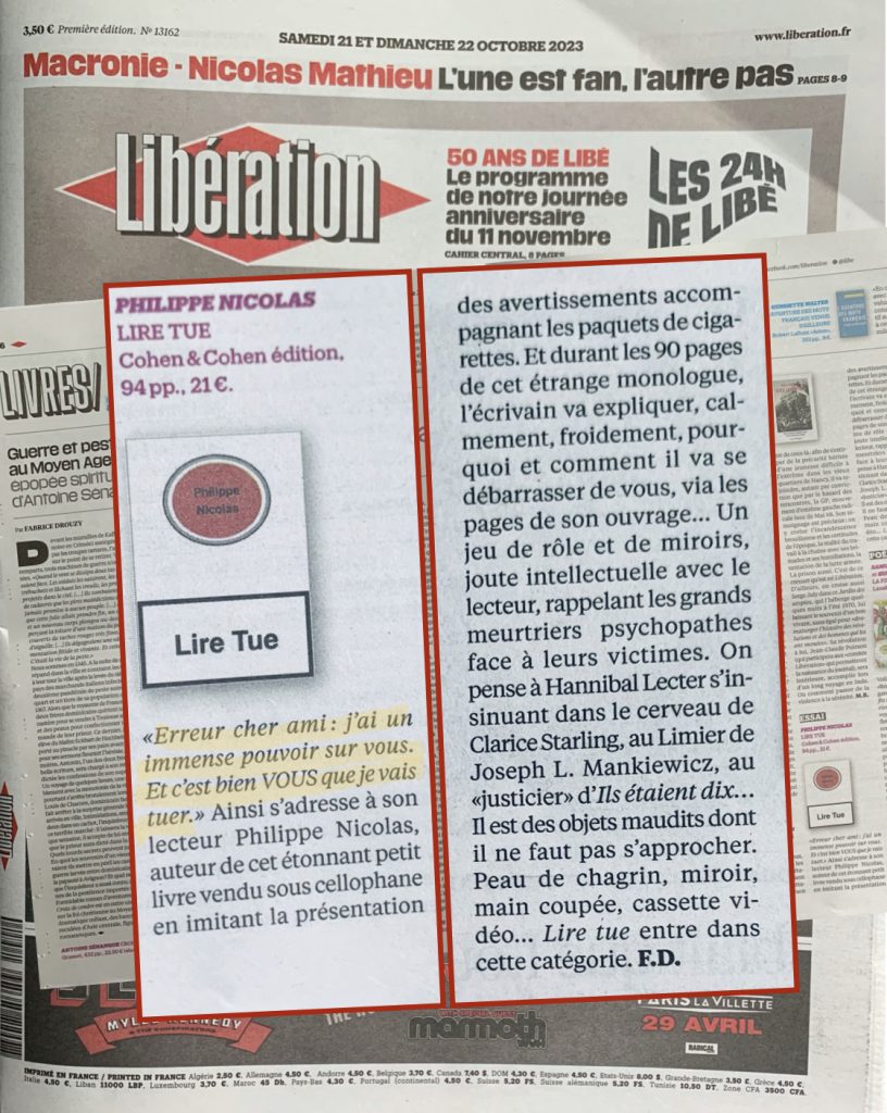 Article de Libération sur Lire Tue de Philippe Nicolas